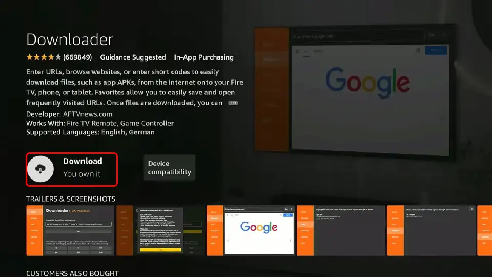 نتائج البحث في Amazon Appstore مع إبراز تطبيق Downloader